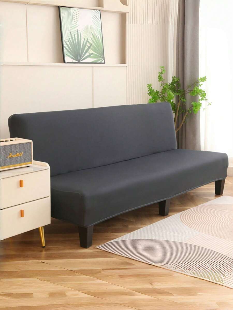 1pc Solid Color Armless Sofa Bed Cover, Printed Knitting Sofa Slipcover, Minimalist Modern Design - Dark Grey - View 1
