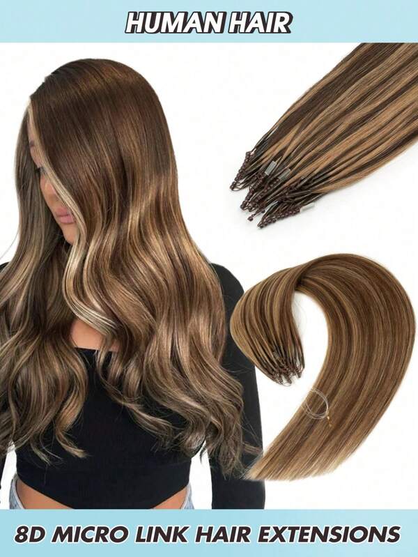 Extensii de păr micro 8D, extensii cu micro mărgele din păr natural, drepte, de la maro ciocolatiu la blond caramel, nano inele, mini mărgele invizibile din silicon, micro extensii, costum de Halloween