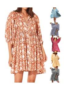 Women Mini Dress, Half Sleeve Lacing Flower Print Pleated Loose Summer Dress For Casual Daily - 米色 - 查看 4