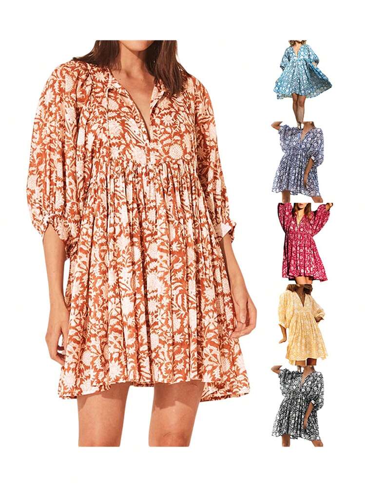 Women Mini Dress, Half Sleeve Lacing Flower Print Pleated Loose Summer Dress For Casual Daily - Màu be - Xem 4