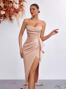 Elisanya 女式荷叶边饰网眼撞色露背前开衩晚会礼服优雅夏季毕业酒会礼服 - 肉色 - 查看 7