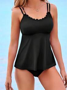 Women 2 Pieces Tankini Swimsuits Solid Color Padded Sleeveless Tank Tops And Swim Bottoms Beach Bikini Set - 黑色 - 查看 2