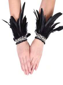 Gothic Style Feather Bracelet, Petite Fragrance Feather & Faux Pearl Wristband, Party & Ball Accessory - Multicolor - View 9