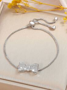 1pc Light Luxury Copper Silver Bow-Knot Full Double-Layered Chain Drawstring Bracelet For Women, Daily Wear - Silver - View 9