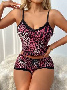 夏季睡衣薄款舒适两件套性感豹纹吊带短裤女士家居服情趣内衣 - 玫紅色 - 查看 5