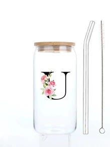 1 buc. Flori imprimate 3D, litere negre, ceașcă de sticlă cu capac, paie și perie cu paie, 16 oz, sticlă de apă, reutilizabilă, simplă, transparentă, de băut pentru lapte, ceai, petrecere, cafea, personalizată, creativă, utilizare în aer liber