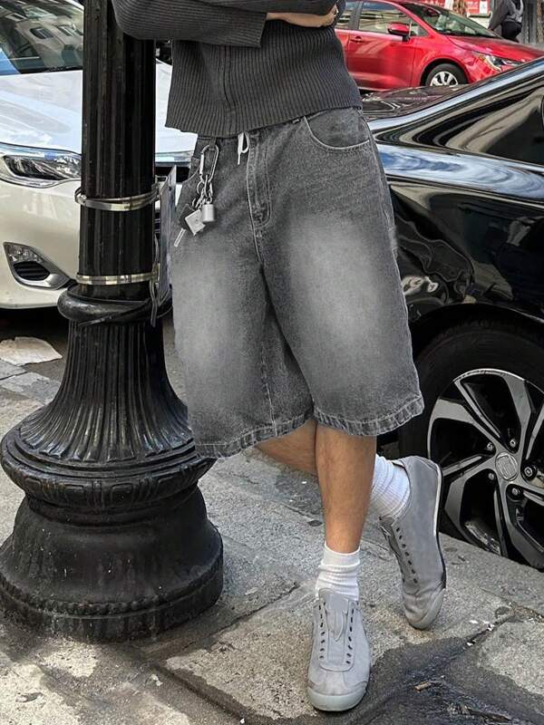 American Vintage Washed Grey Denim Shorts For Men, Loose Straight Cut, Summer Jorts