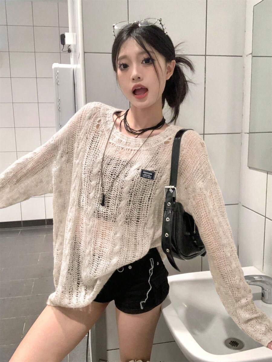 韩版休闲百搭灰色镂空长袖麻花针织衫女款轻薄宽松套头衫适合初秋叠穿 - 杏色 - 查看 1