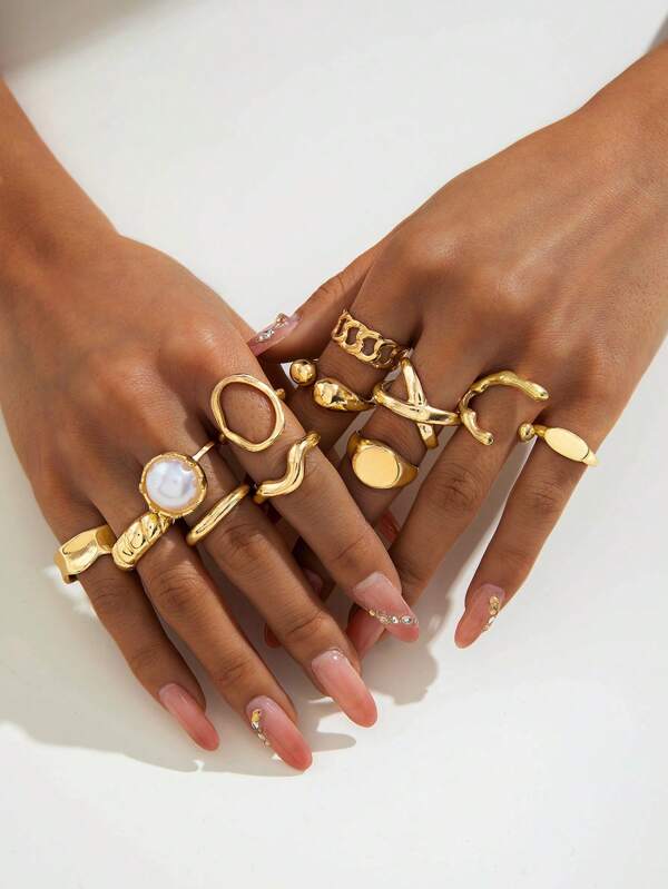 7pcs/12pcs Women Elegant Alloy Faux Pearl Geometric Crossover Ring Set, Suitable For Weddings, Parties, Gifts