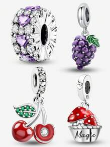 1PC 925 Sterling Silver Fashionable Cherry Grape Mushroom Basket Pendant Beads Charm Suitable For Bracelets DIY Women's Jewelry - Silver - View 12