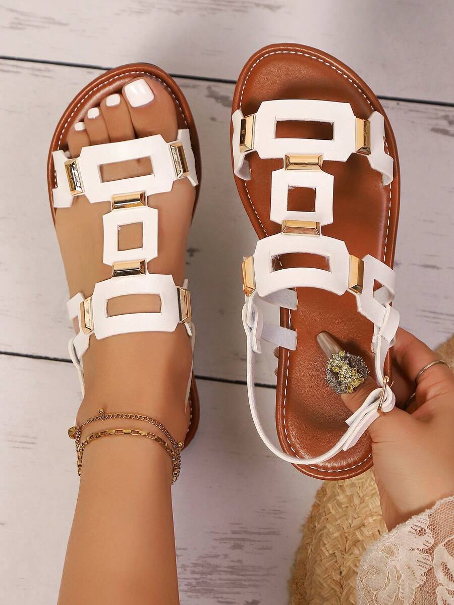 Sandal Datar Modis Wanita Musim Semi/Panas Bentuk Persegi Panjang dengan Hiasan Gesper, Sandal Pantai Kasual Wanita, Sandal Gladiator