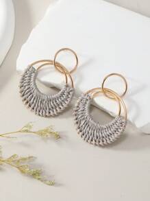 1 Pair Bohemian Style Resort Rattan Round Earrings In Ivory White, Fuchsia, And Orange, Hand-Woven, Fashionable For Women, Suitable For Daily Wear