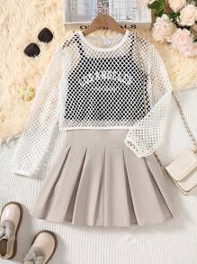 8-12 Years Old Girls Fashion Casual Sports Set: Mesh Jacket & Printed Camisole & Mini Skirt 3-Piece Outfit, Suitable For Sports And Leisure