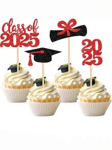 6/12/24 Peças Toppers de Cupcake de Formatura - Design vibrante de boné e diploma de graduação com glitter, palitos de madeira elegantes, adequados para sobremesas de festa de formatura, sem penas, sem necessidade de energia, decorações de comemoração | Tema de comemoração | Bambú durável, Decorações de Bolo de Formatura