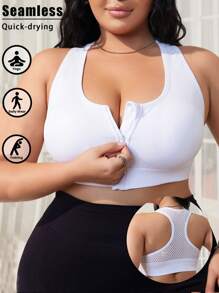 1 pieza Sujetador deportivo sin costuras con cierre delantero y diseño calado, con tirantes anchos y espalda descubierta para mujeres de talla grande