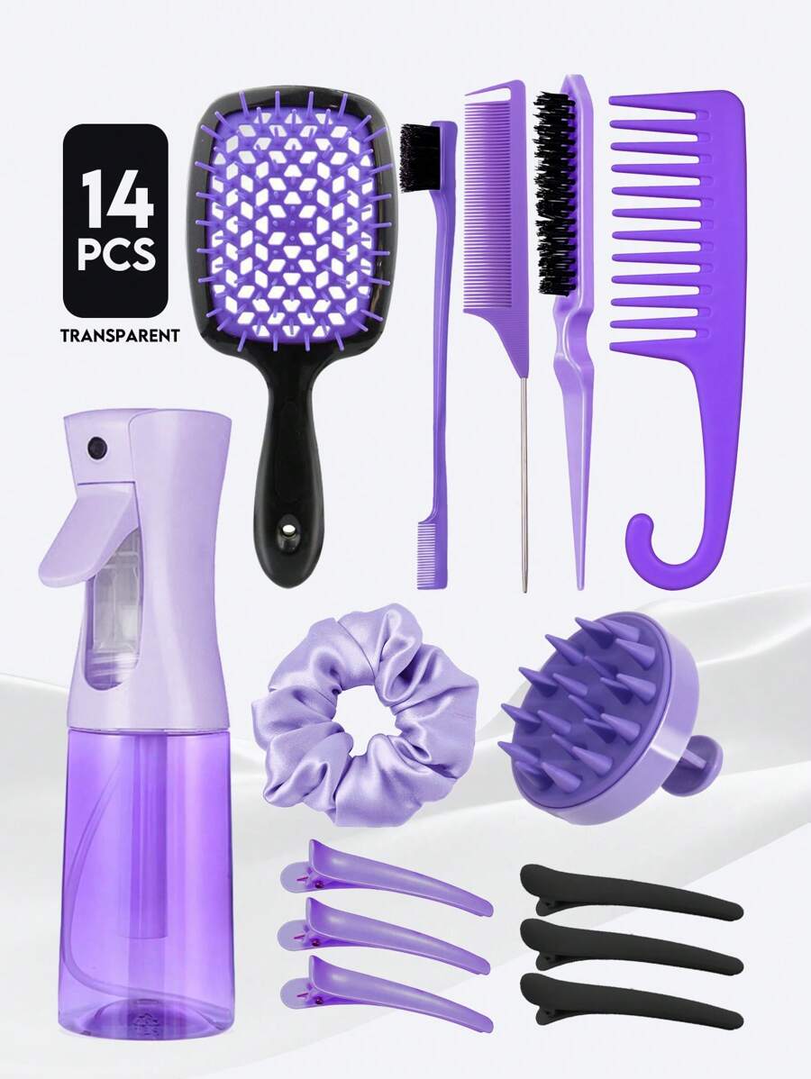 Bộ dụng cụ tạo kiểu tóc xoăn 6/14 món, bao gồm: Lược duỗi tóc, lược răng rỗng, bình xịt, cọ gội đầu, lược răng thưa có móc, lược tạo độ phồng, lược đuôi nhọn, lược chải viền tóc (dành cho viền tóc thô/mịn và tạo kiểu phía sau), phù hợp với các dụng cụ tạo kiểu tóc xoăn tự nhiên và nhiều phụ kiện tóc khác. Sản phẩm thiết yếu cho tiệm làm tóc, salon, du lịch, chăm sóc tóc, phụ kiện tóc.