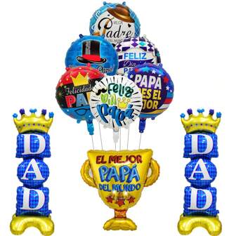 1/6/10pcs English Spanish Round Star Happy Father's Day Balloons Spanish Best Dad Trophy Balloon Super Papa Globos Stand Crown Dad Father's Day Decorations