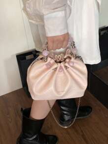 迷你褶皱云朵图案手提包，优雅气质，圆形珍珠设计时尚单肩包和斜挎包，适合通勤和工作 - 彩色 - 查看 5