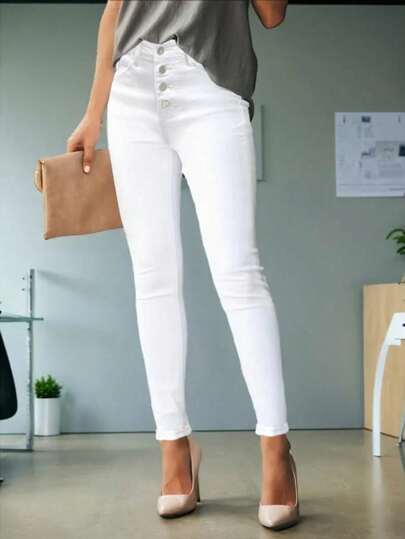 Women's Button Front Pockets Stretch Skinny Jeans