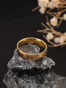 1pc 18K Gold-Color Titanium Steel Carved Closed Ring, Simple Fashionable Versatile Personalized, Suitable For Women's Daily Wear, Party, Gift - Gold - View 4