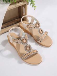 女士坡跟凉鞋，夏季新款珍珠和水钻一脚蹬露趾舒适中跟百搭女士凉鞋