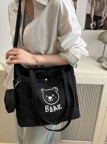 2 Pieces Bear Pattern Women's Large Capacity Tote Bag, Perfect For Business, Work, Commuting, High School, Portable, Suitable For Teen Girls And College Girls, Perfect For Office, College, Elementary School, Junior High School, Work, Stadium, Sports, Lightweight Shoulder Bag, Versatile In Spring And Summer Seasons, Suitable For Back To School And Travel - Multicolor - View 5