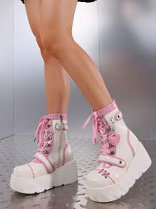 Goth Punk Women's Chain Platform Boots Platform Wedge Ankle Boots Goth Patent Lace Up Boot Chain Strappy Booties Lace Up&Zipper Combat Boots - Hồng - Xem 3