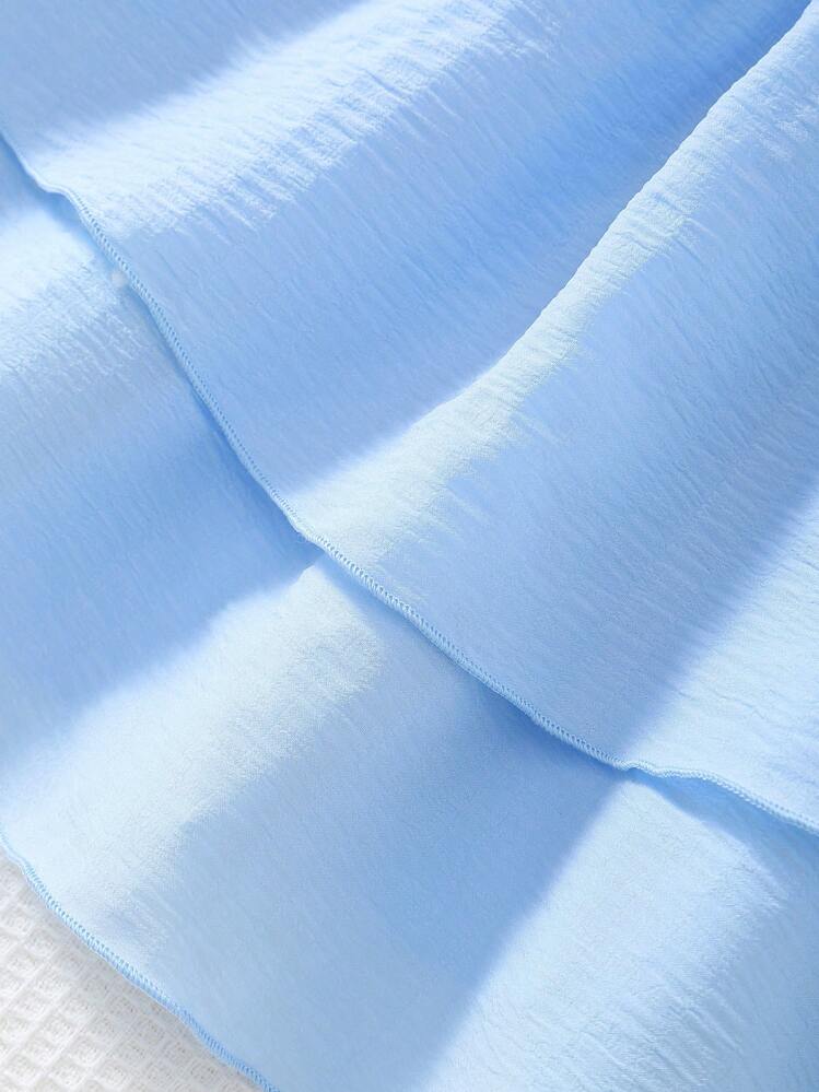 Young Girl Cute Bowknot Adjustable Strap Pleated Double-Layer Hem Light Blue Dress - Blue - View 7