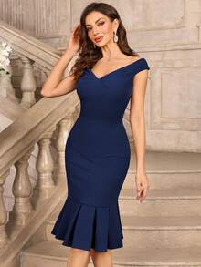 MIUSOL 复古纯色 V 领蝴蝶结美人鱼下摆鸡尾酒会修身连衣裙、婚礼宾客连衣裙 - 藏蓝色 - 查看 7