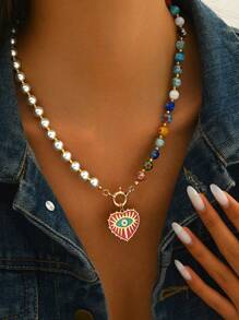 时尚奢华女士多层蓝色邪眼手形吊坠项链，粗款珠宝厚 U 型链配玻璃珠项链，夸张手眼吊坠装饰项圈，适合日常和派对佩戴，眼珠颜色随机分布 - 邪惡之眼 - 查看 14