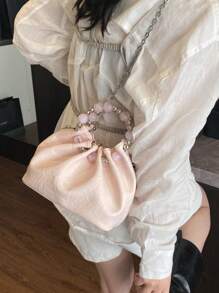 迷你褶皱云朵图案手提包，优雅气质，圆形珍珠设计时尚单肩包和斜挎包，适合通勤和工作 - 彩色 - 查看 7