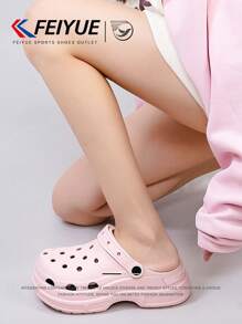 FEIYUE. 1 Pair Women's Pink Slip-On Perforated Shoes, Spring & Summer New Thick Sole Elevated Versatile Breathable Sandals, Suitable For Outdoor Activities, Hiking, Travel, Casual Wear