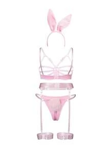 6pcs Cosplay Bunny Girl Halloween Costumes>Sexy Temptation Lingerie Set Stripper Outfits Party Outfit Black Or Pink Bandage Hollow Out Cozy Bra And Rabbit Plush Tail Panty Set Breast Gathers Pure Desire Underwear For Girls And Women Gift For Her - 粉色 - 查看 4