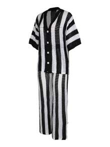 Women Hollow Out Striped Single-Breasted Knitted Top And Wide-Leg Pants Set