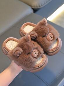 1 Pair Kids Boy Indoor Slippers, Anti-Slip Linen House Slippers For Toddlers, Suitable For Spring & Autumn - Brown - View 5