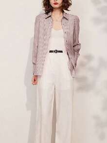 Elegancka luźna bluzka w paski, koszula w stylu Commuter z haftowanym napisem i kołnierzykiem z długim rękawem, wiosna/lato/jesień