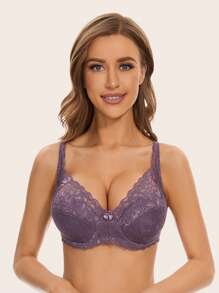Women's Lace Lingerie Bra With Underwire, Lift And Support, Adjustable Back Closure, Sexy Semi-Sheer Purple, Summer - Purple - View 6