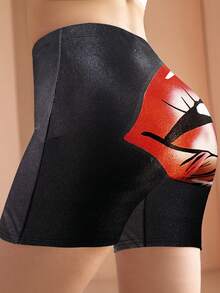 夏季薄款紧身弹力涤纶闪亮性感唇膏印花短裤