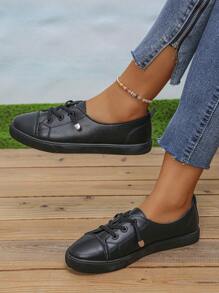 新款女款白色淺口彈性帶金色鑽石裝飾休閒鞋 - 黑色 - 查看 3