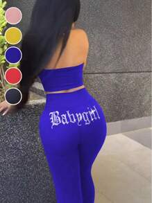 Rhinestone Decor Sleeveless Sexy Cropped Top And Pants Two Pieces Outfits, Casual Sports Fashionable Sets For Women, Spring And Summer - 藍色 - 查看 1