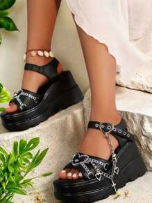New Black Summer Slope Heel Shoes For Woman Thick Bottom Women's Punk Fashion Sandals For Women Casual Slippers Comfortable Shoes Women's Gothic Style Cross Chain Detail Platform Sandals Summer Shoes - 黑色 - 查看 2