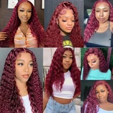 40 Inch Burgundy 13x4 Lace Front Wigs Human Hair Wigs For Women 99J Deep Wave Wigs 200% Density Glueless Wet And Wavy Red Colored Curly Human Hair Wig Pre Plucked 13x4 Transparent Lace Frontal Wigs - 酒紅色 - 查看 8