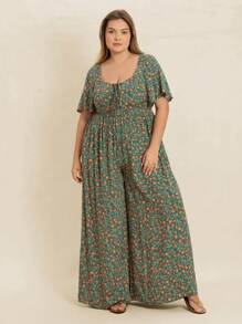 Rusttydustty Tuta a maniche corte con scollo quadrato, a fiori stile boho, con arricciature, per taglie forti, abbigliamento da spiaggia, vacanza tropicale, costume da festival musicale, pasqua