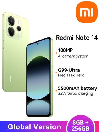 Xiaomi Redmi Note 14 Smartphone 8GB+256GB Global Version Helio G99-Ultra Processor 6.67" 120Hz AMOLED Display 108MP AI Camera 33W Turbo Charging 5500mAh Battery IP54 Water And Dust Resistant