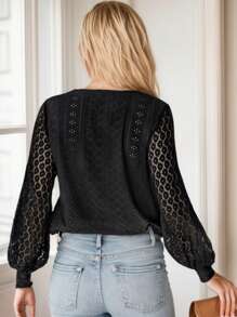 hoteel V-Neck Lace Loose Top Lace Patchwork Balloon Sleeves Blouse Elegant - màu đen - Xem 5