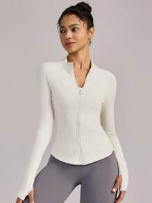 VUTRU 1Pc Zipper Rib Knit Splicing Pockets Tight Jacket With Thumb Hole Yoga Running Daily - Apricot - View 3