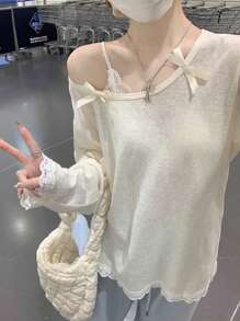 蝴蝶结双面不对称肩部薄款蕾丝拼布长袖宽松罩衫 - 杏色 - 查看 2