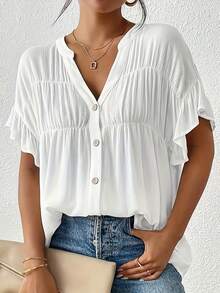女士 V 领纽扣沙滩罩衫，短袖，休闲夏季沙滩衬衫