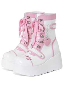 Goth Punk Women's Chain Platform Boots Platform Wedge Ankle Boots Goth Patent Lace Up Boot Chain Strappy Booties Lace Up&Zipper Combat Boots - Hồng - Xem 1