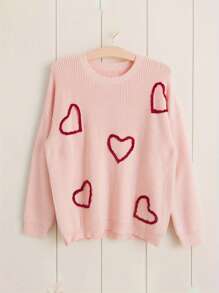 Women Matching Sweaters Heart/Letter Pattern Long Sleeve Round Neck Knit Pullover